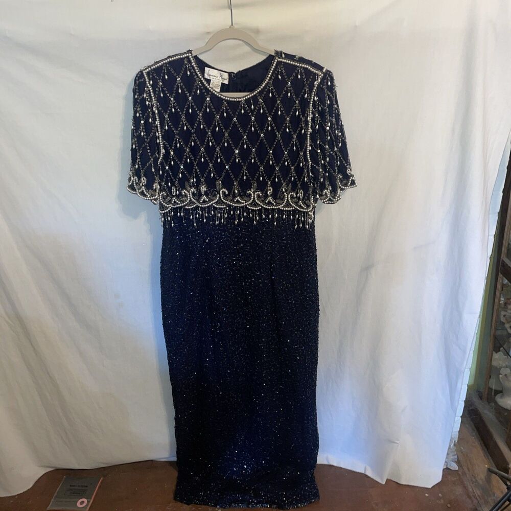 Vintage Laurence Kazar Women’s 100% Silk Dress Blue Heavily Beaded Size 2XL